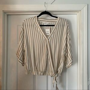 NWT White top with navy blue and mustard stripes